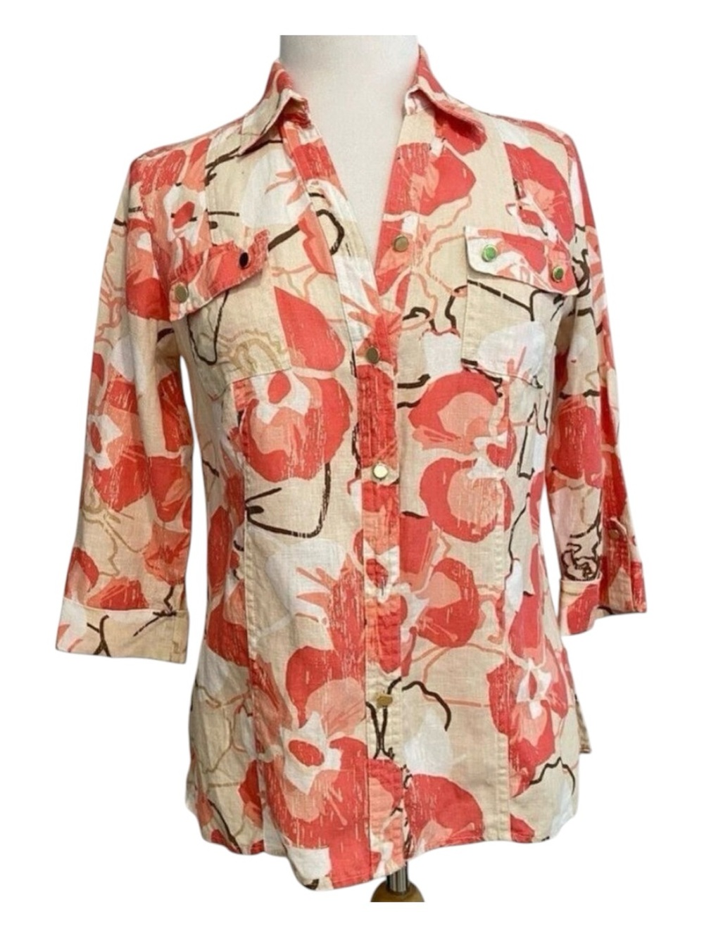 JM Collection petite button down shirt white & tangerine blouse 100% linen